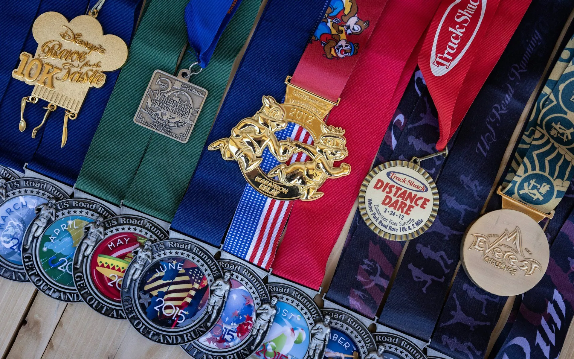 Collection of achievement medals on ribbons