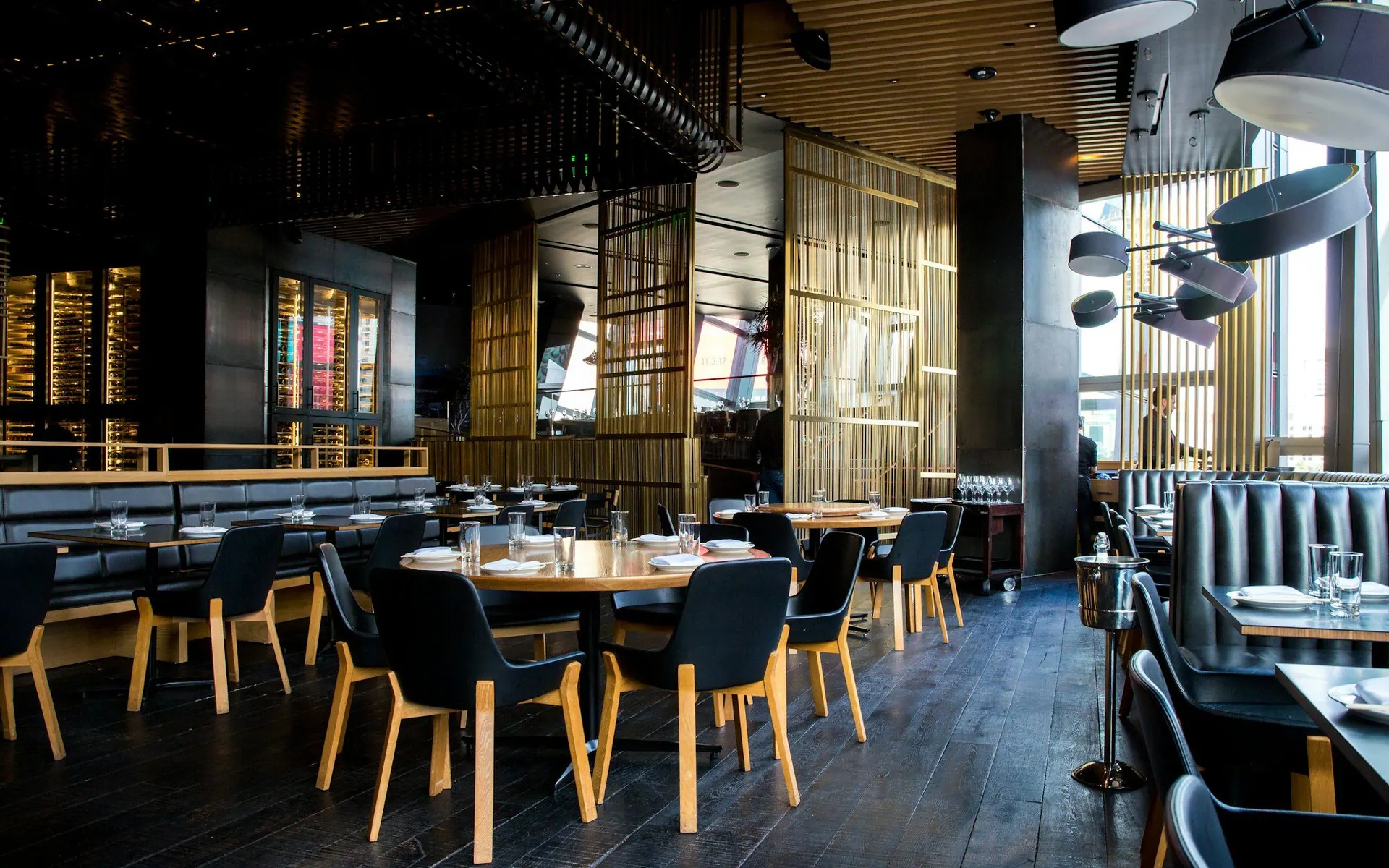 Restaurant dining room set for service