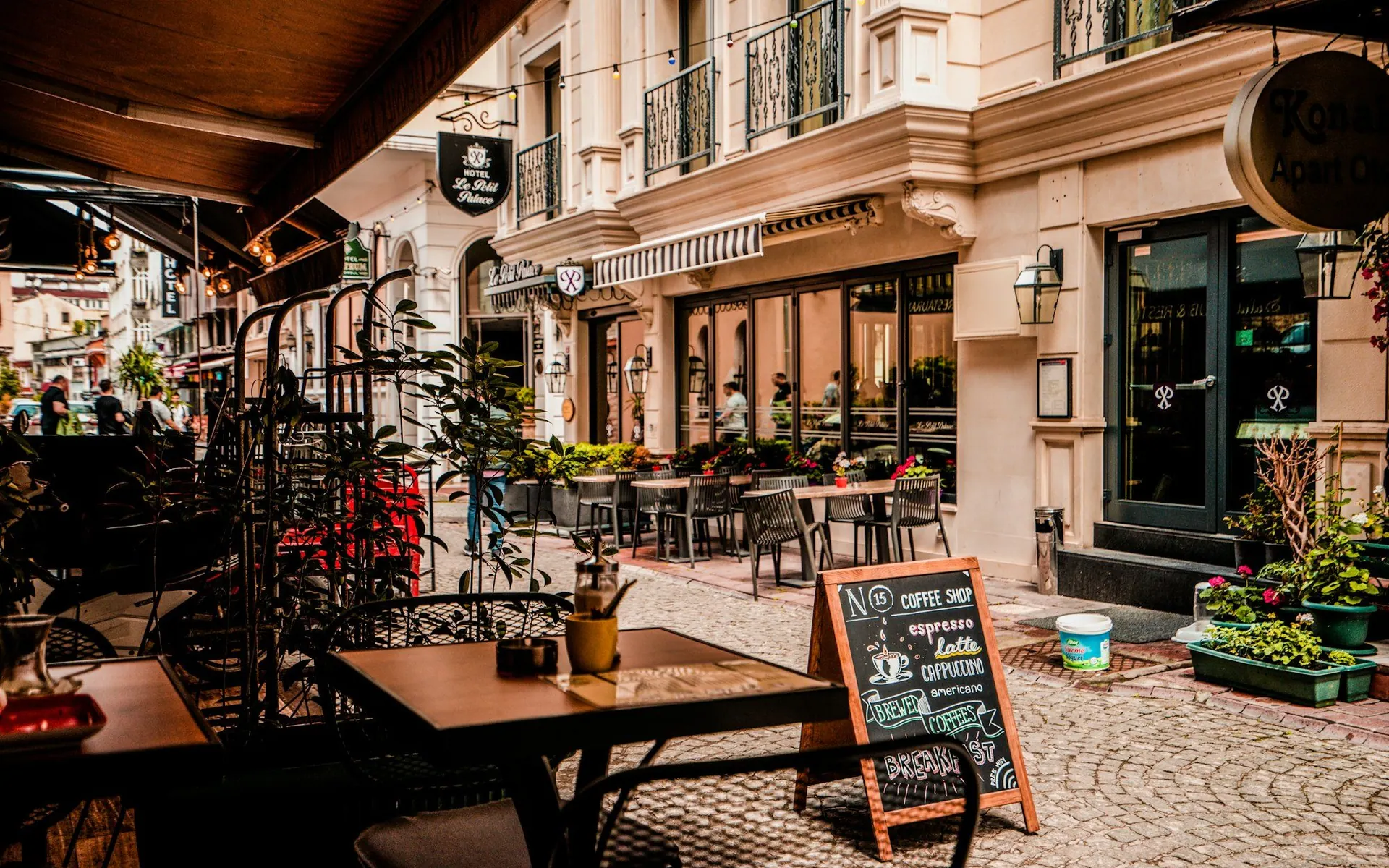 Restaurant storefront with sidewalk patio seating