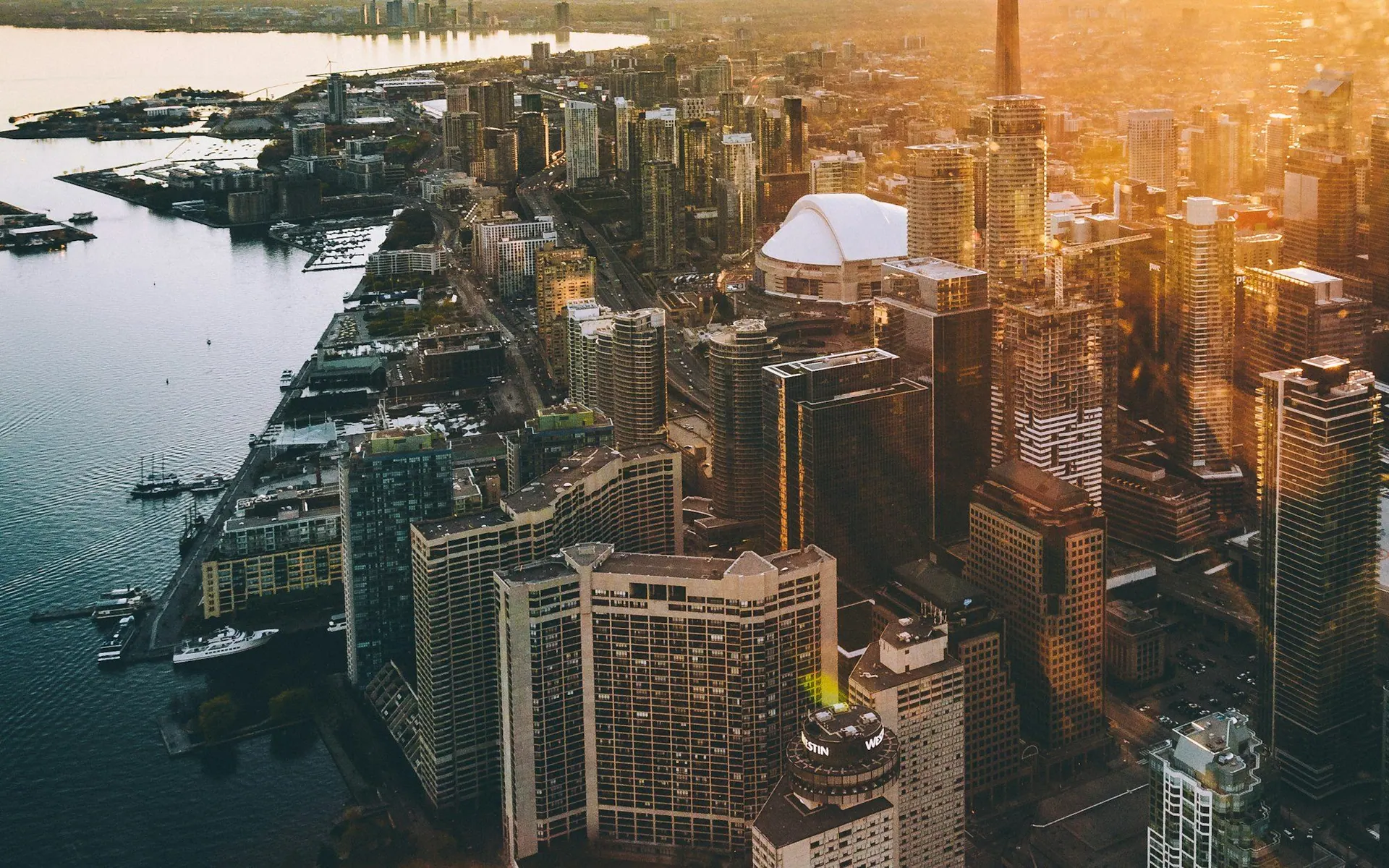 Aerial view of downtown Toronto with the CN Tower