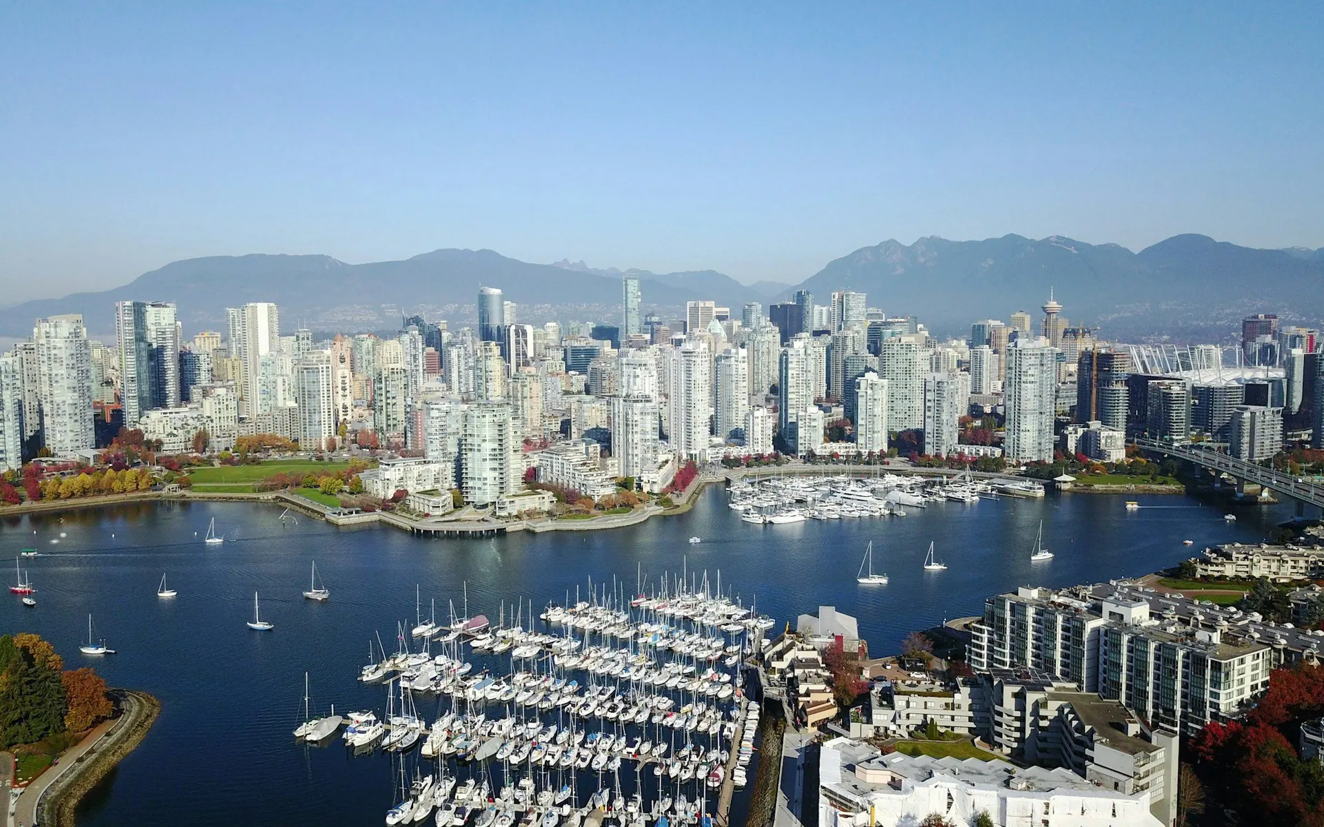 Aerial view of Vancouver’s Coal Harbour and downtown towers
