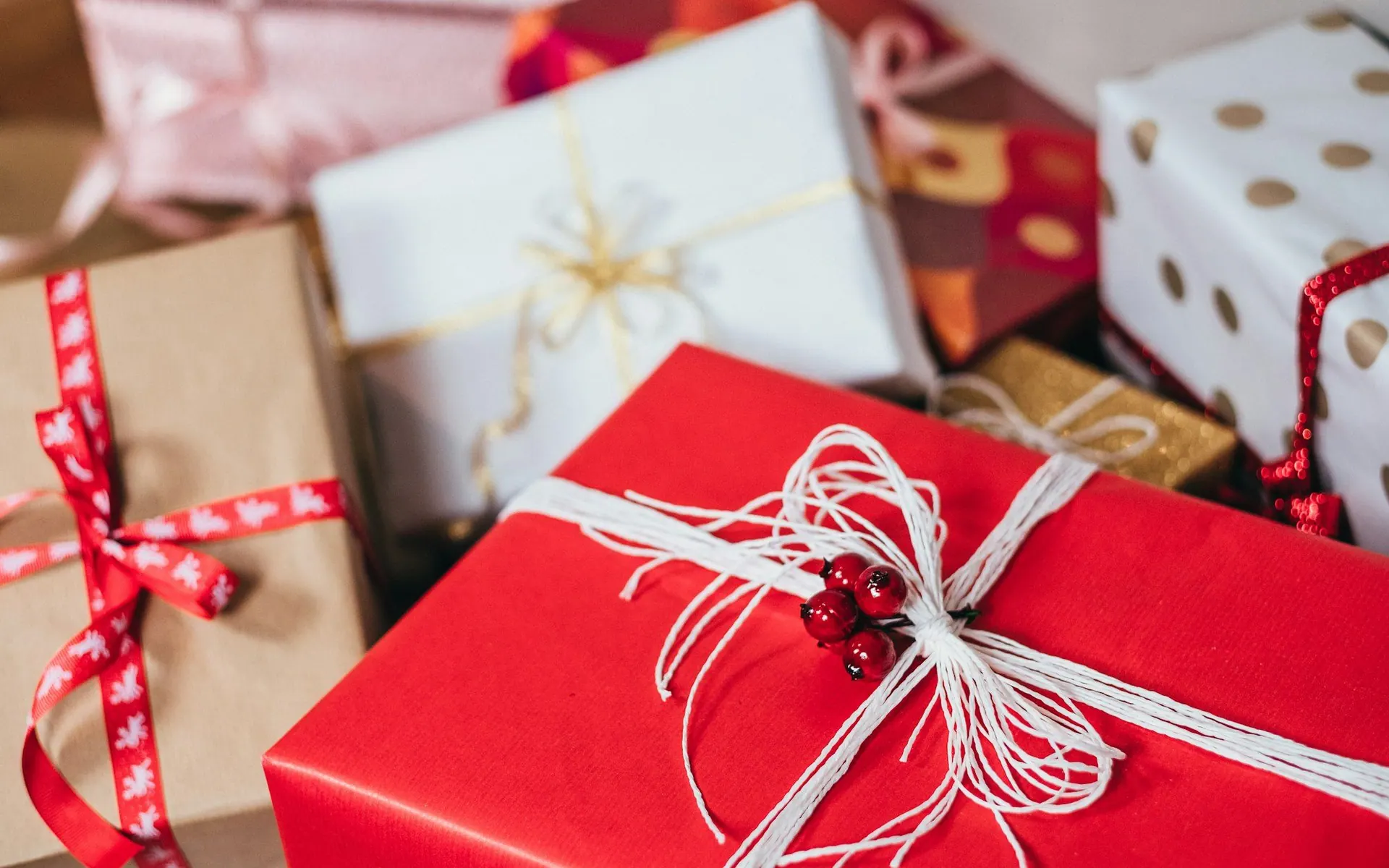 Wrapped gift boxes tied with ribbon